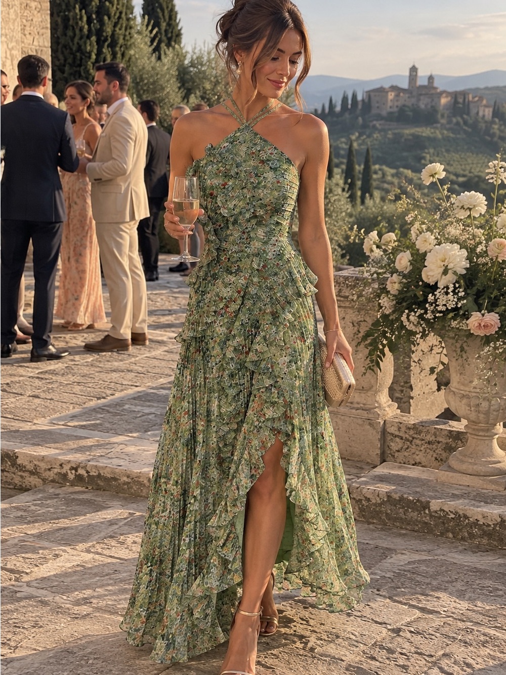 Azazie Green Floral Halter High-Low Ruffle Dress